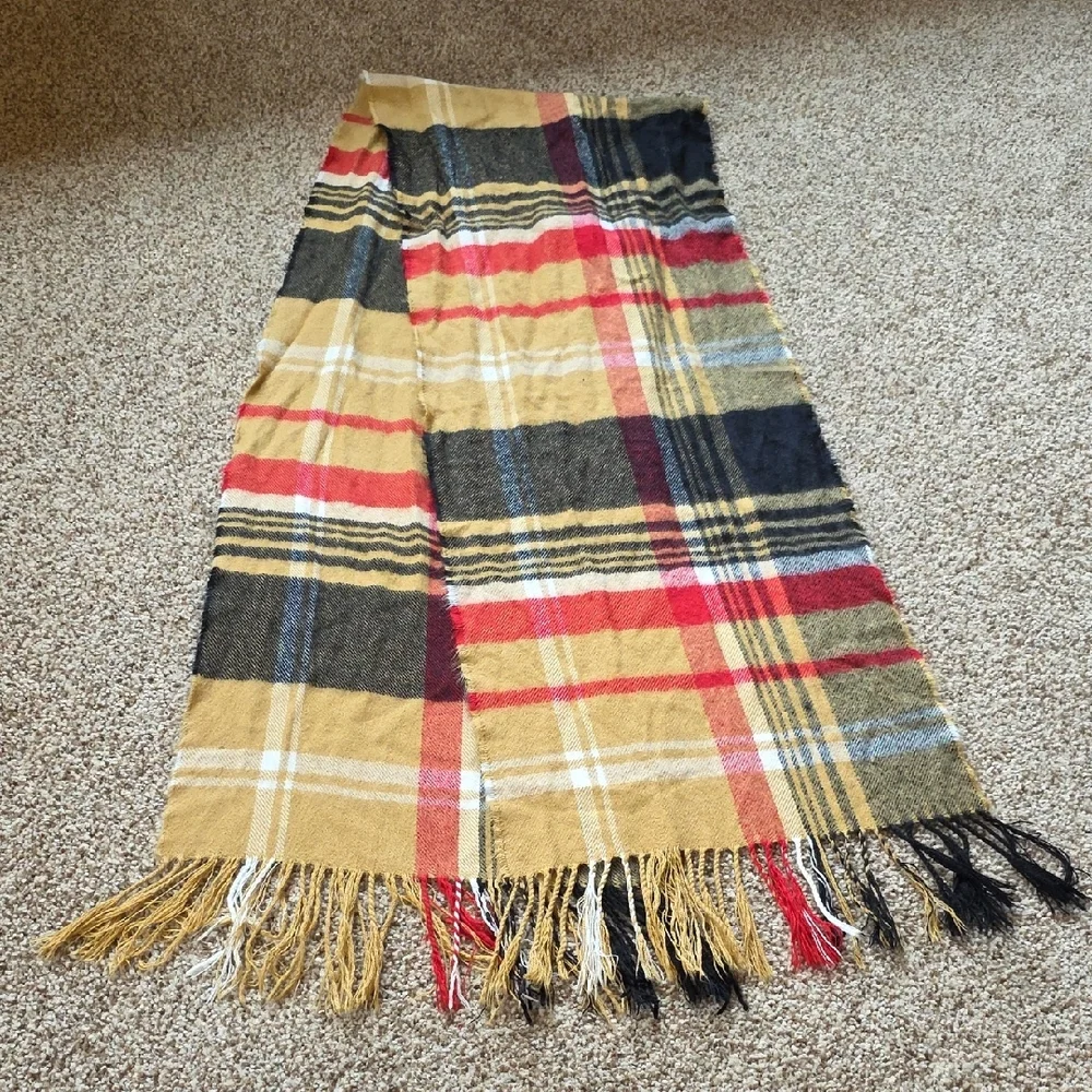 Plaid Fringe Scarf Set in Red, Cream, And Black